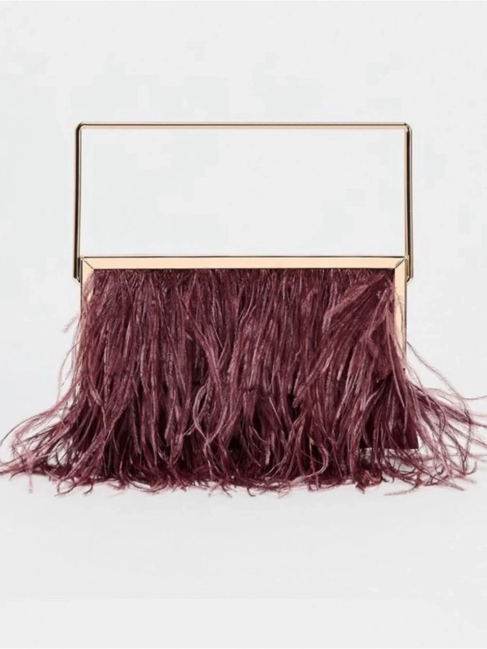 Zara Feather Fringe Evening Clutch in Plum with Gold Frame